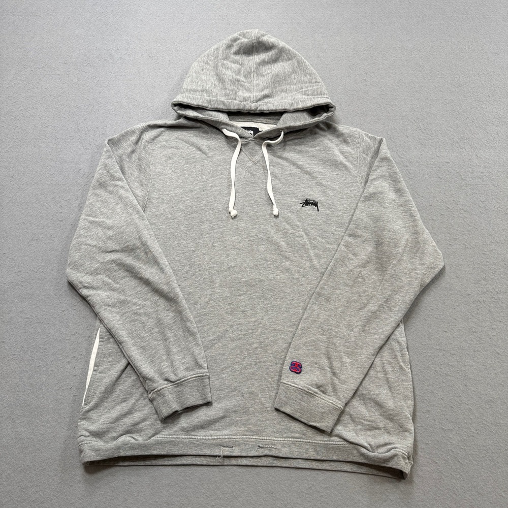 Stussy Hoodie Men's Large Light Gray Fleece Lined Loose Fit Pullover Streetwear